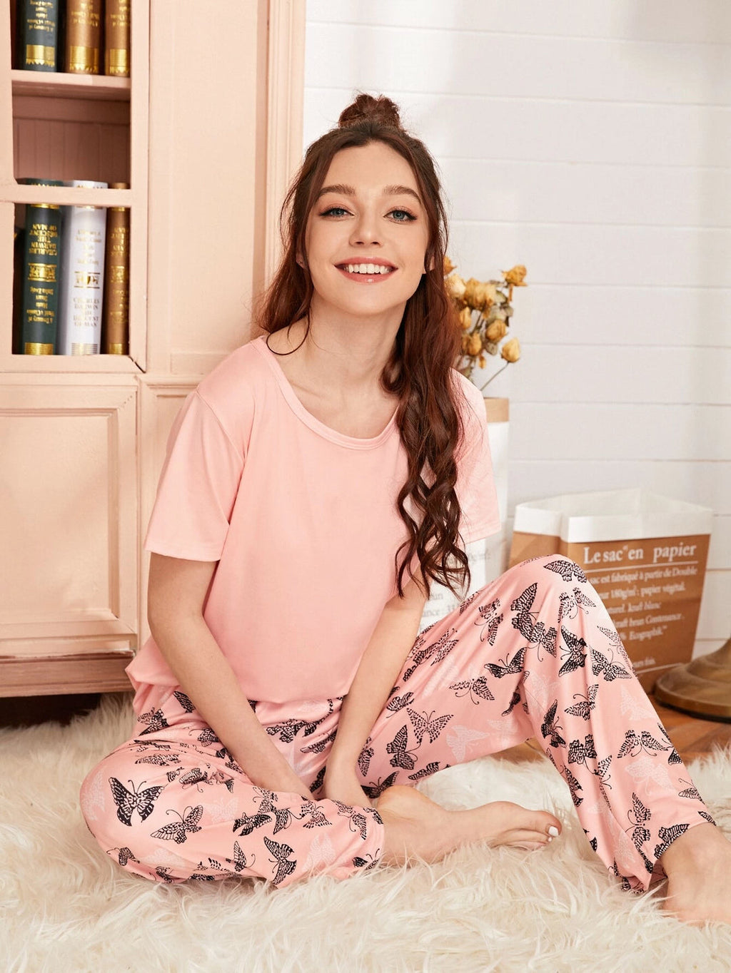 Peach Butterfly Printed Women Pj Set