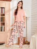 Peach Butterfly Printed Women Pj Set