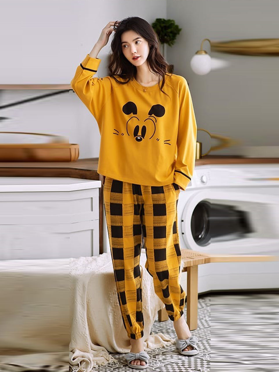 Yellow Mickey Printed Women Pj Set