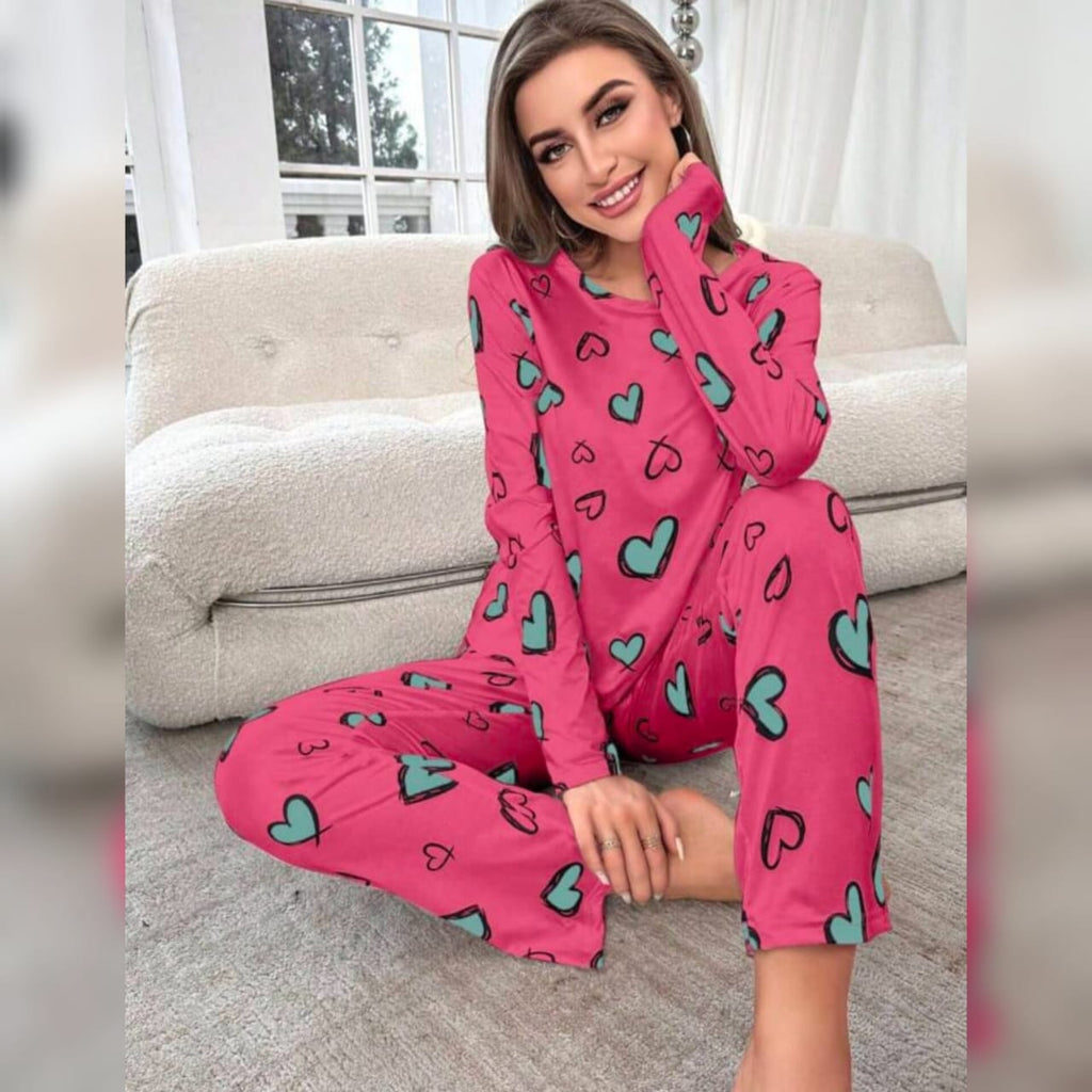 Pink Hearts Printed Women Pj Set