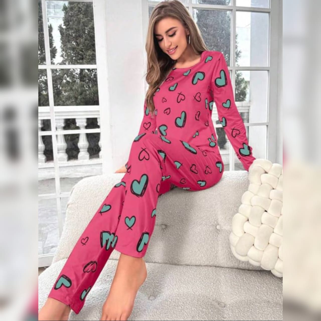 Pink Hearts Printed Women Pj Set