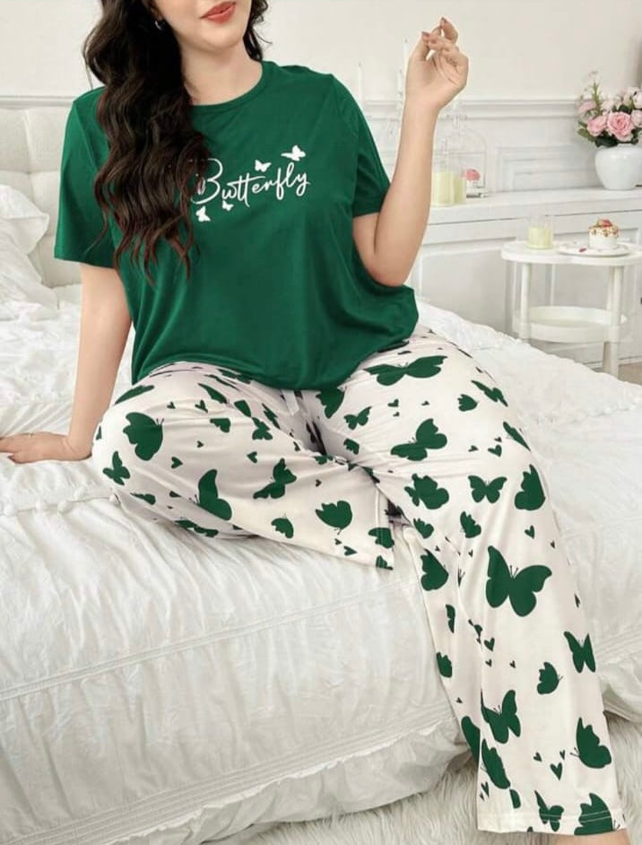 Green Butterfly Printed Women Pj Set