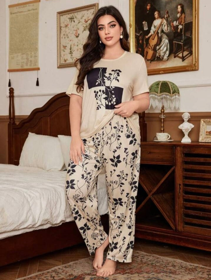 Skin & Black Leaf Printed Women Pj Set