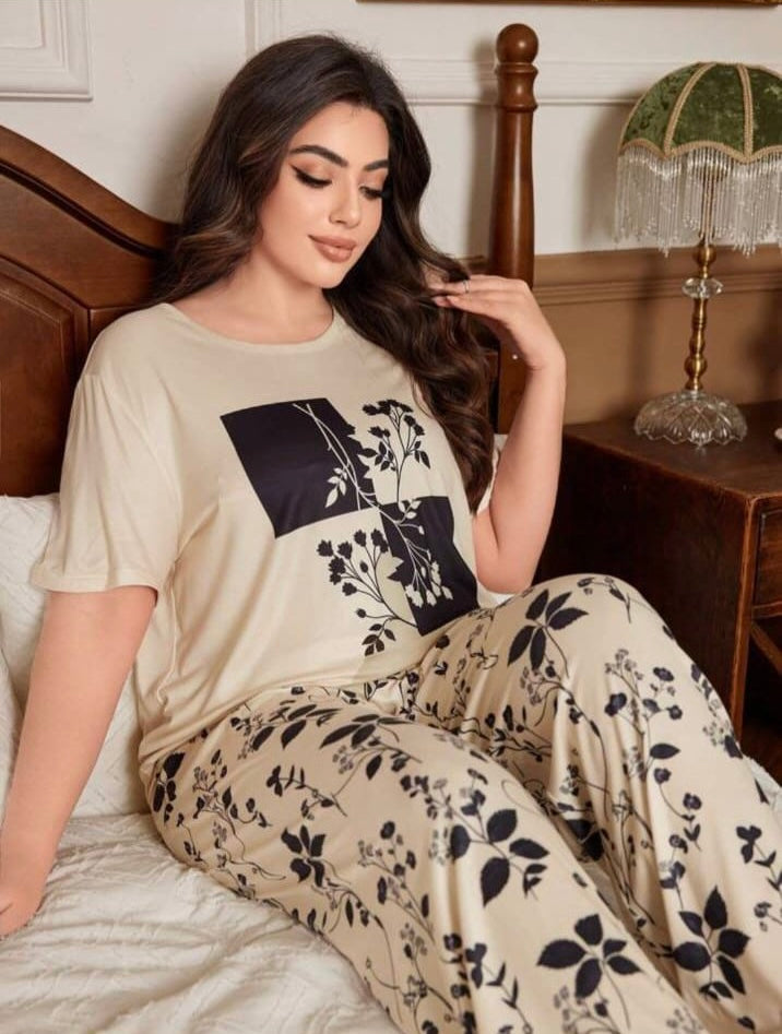 Skin & Black Leaf Printed Women Pj Set