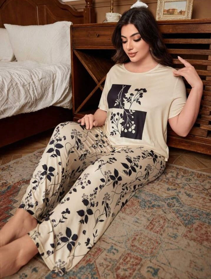 Skin & Black Leaf Printed Women Pj Set
