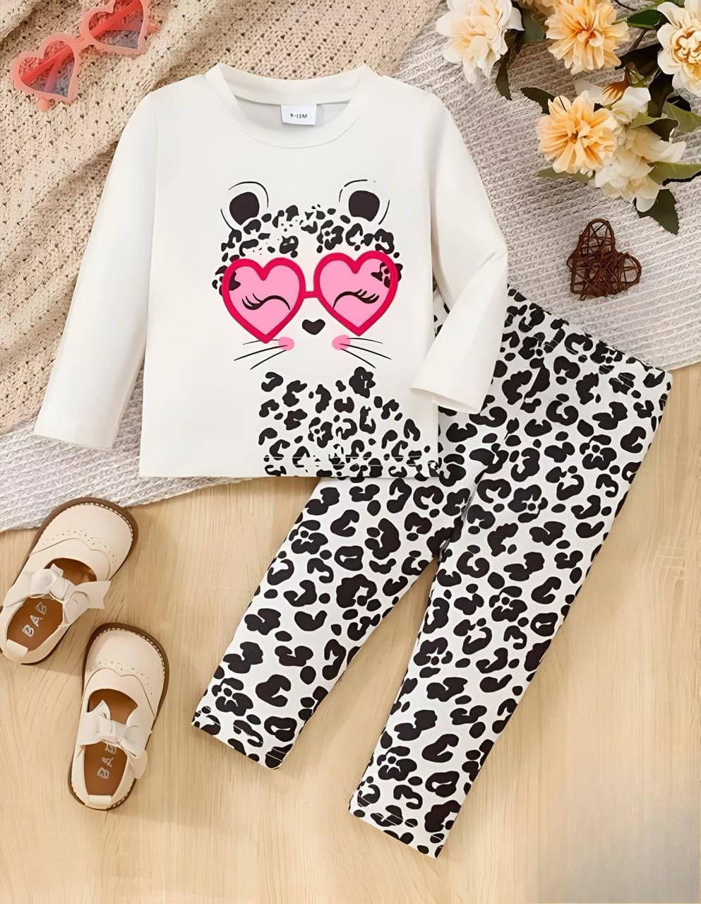 White Kitty With Cheetah Printed Pajama Kids Wear