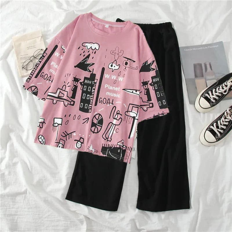 Pink & Black Art Printed Women Pj Set