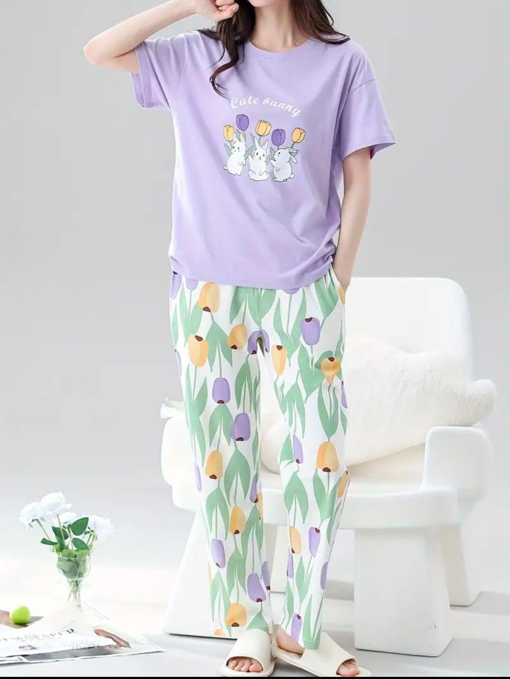 Purple Rabbits Printed Women Pj Set