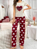 White & Maroon Love Printed Women Pj Set
