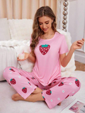 Pink Starwberry Printed Women Pj Set