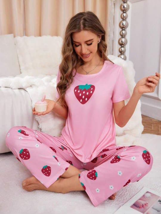 Pink Starwberry Printed Women Pj Set