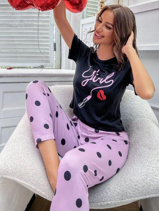 Girl Lipstick Printed Women Pj Set