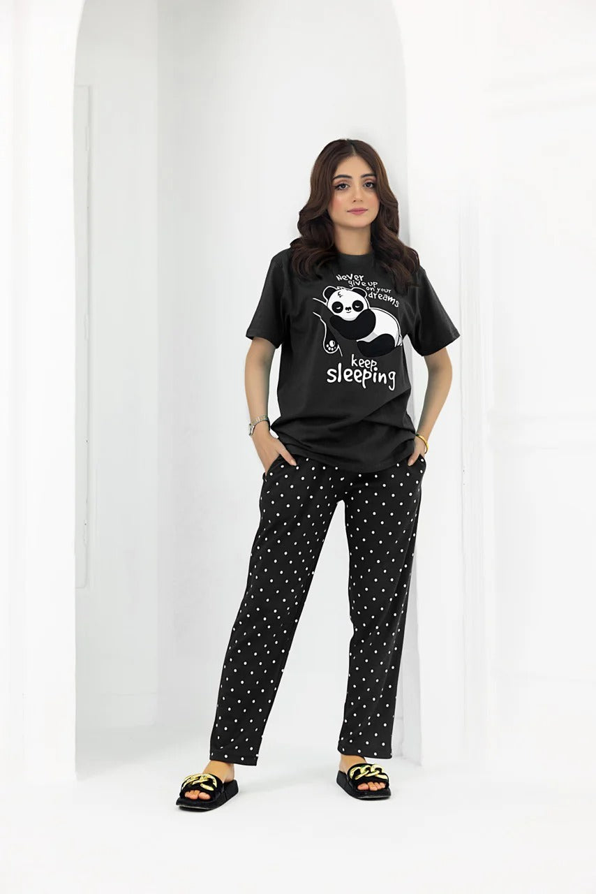 Black Keep Sleeping Printed Women Pj Set