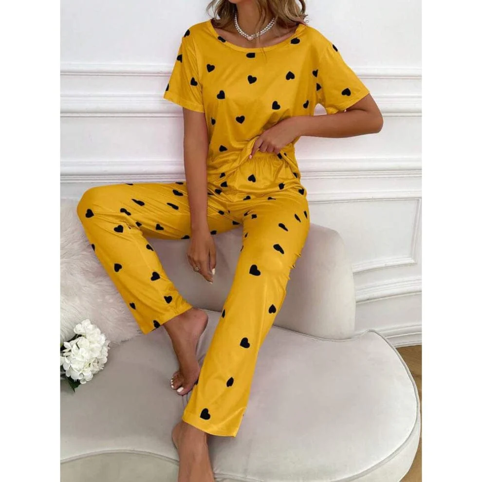 Yellow & Black Hearts Printed Women Pj Set