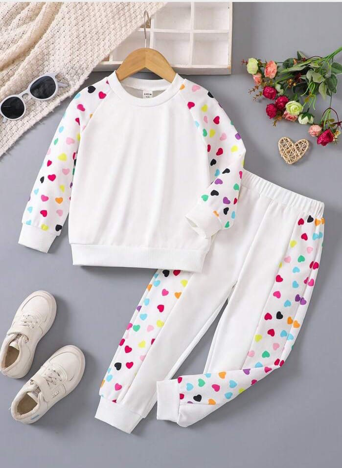 WHITE MULTI HEARTS PRINTED WINTER KIDS SWEAT SUIT