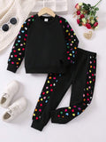 BLACK MULTI HEARTS PRINTED WINTER KIDS SWEAT SUIT