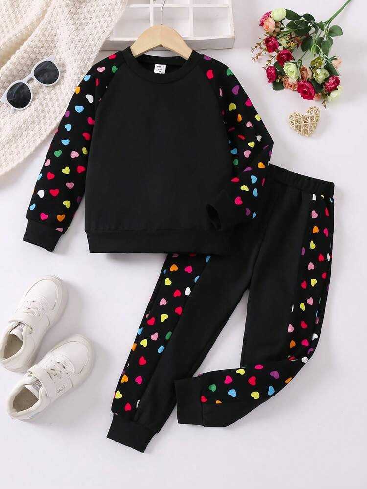 BLACK MULTI HEARTS PRINTED WINTER KIDS SWEAT SUIT
