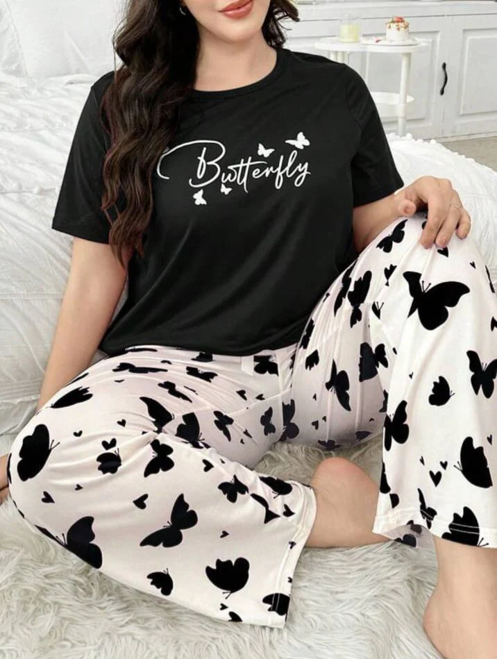 Black Butterfly Printed Women Pj Set