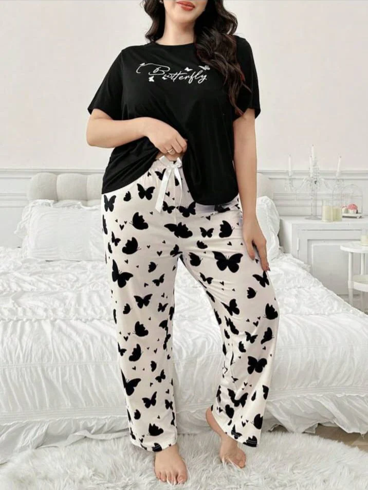 Black Butterfly Printed Women Pj Set