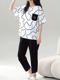 White Black Lining Pocket Printed Women Pj Set