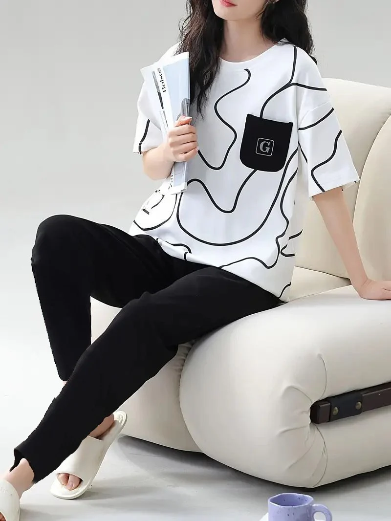 White Black Lining Pocket Printed Women Pj Set