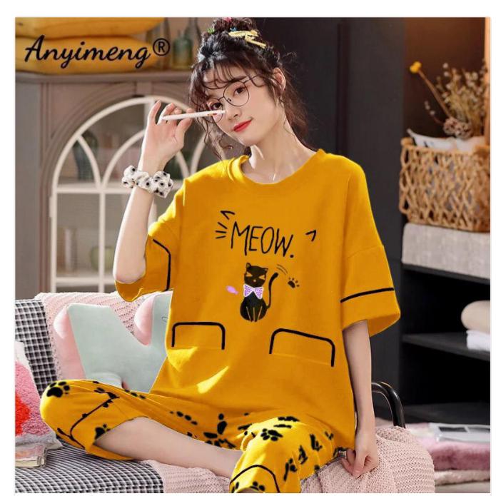 Yellow Meow Printed Women Pj Set