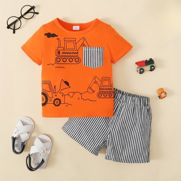 Orange Excavator Printed Short Sleeve Kids Wear