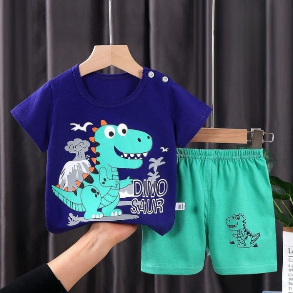 Blue & Green Dino Printed Short Sleeve Kids Wear