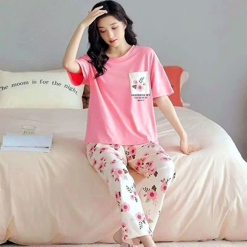 Pink & White Flower Printed Women Pj Set