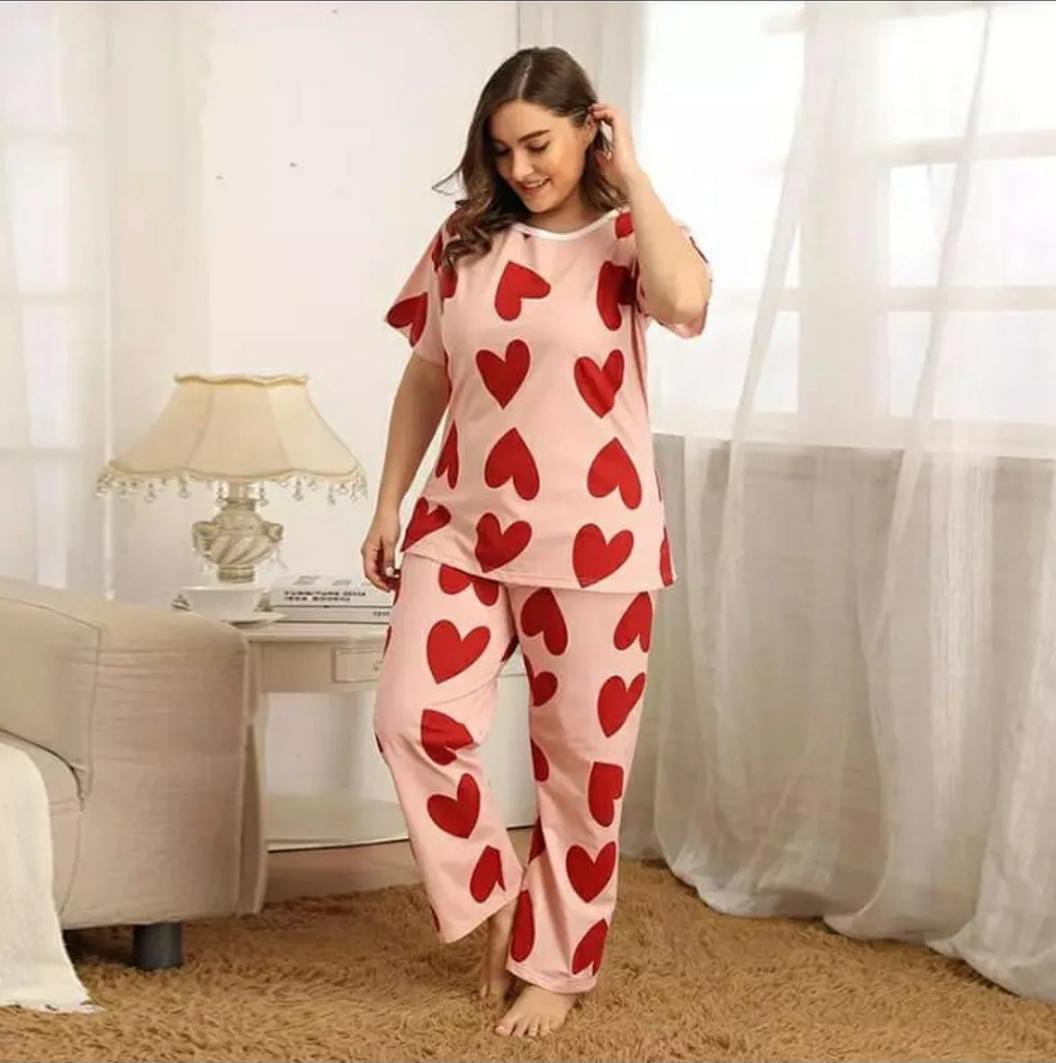 Peach & Red Hearts Printed Women Pj Set