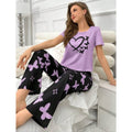 Purple & Black Butterfly Printed Women Pj Set