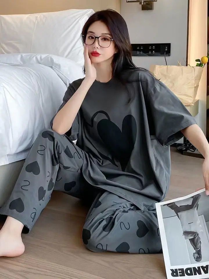 Charcoal Double Heart Printed Women Pj Set