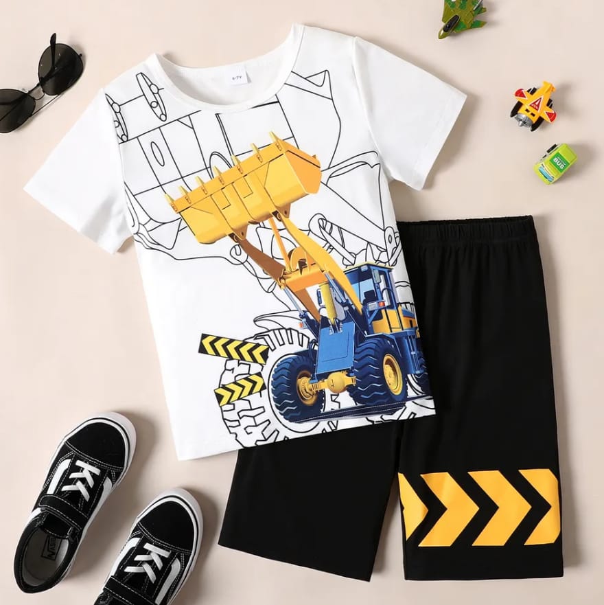 White Excavator Printed Short Sleeve Kids Wear