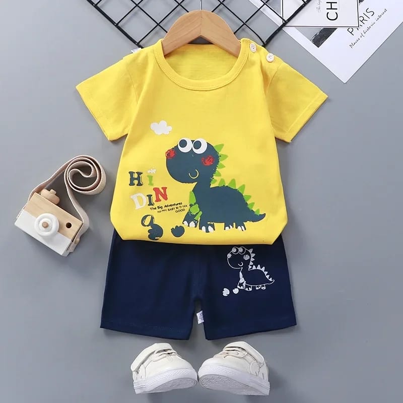 Yellow & Blue Dino Printed Short Sleeve Kids Wear