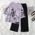 Purple & Black Art Printed Women Pj Set