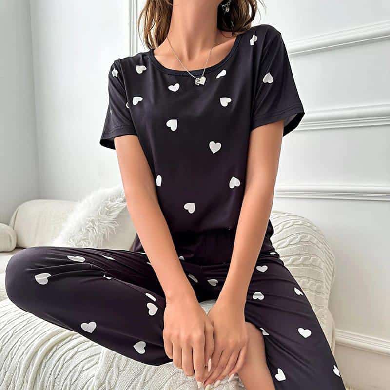 Black & White Hearts Printed Women Pj Set