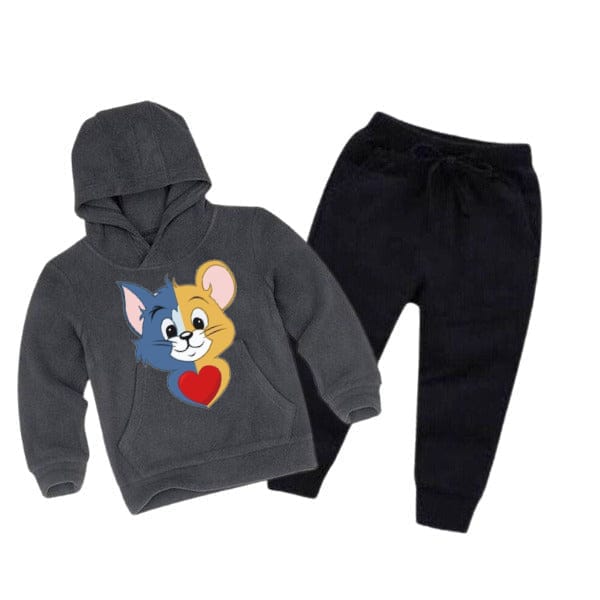 CHARCOAL TOM & JERRY PRINTED WINTER KIDS HOODIE SUIT