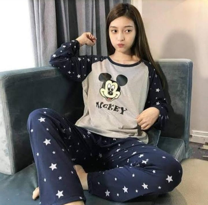 Blue & Grey Mickey Printed Women Pj Set