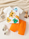 White & Orange Animals Printed Short Sleeve Kids Wear