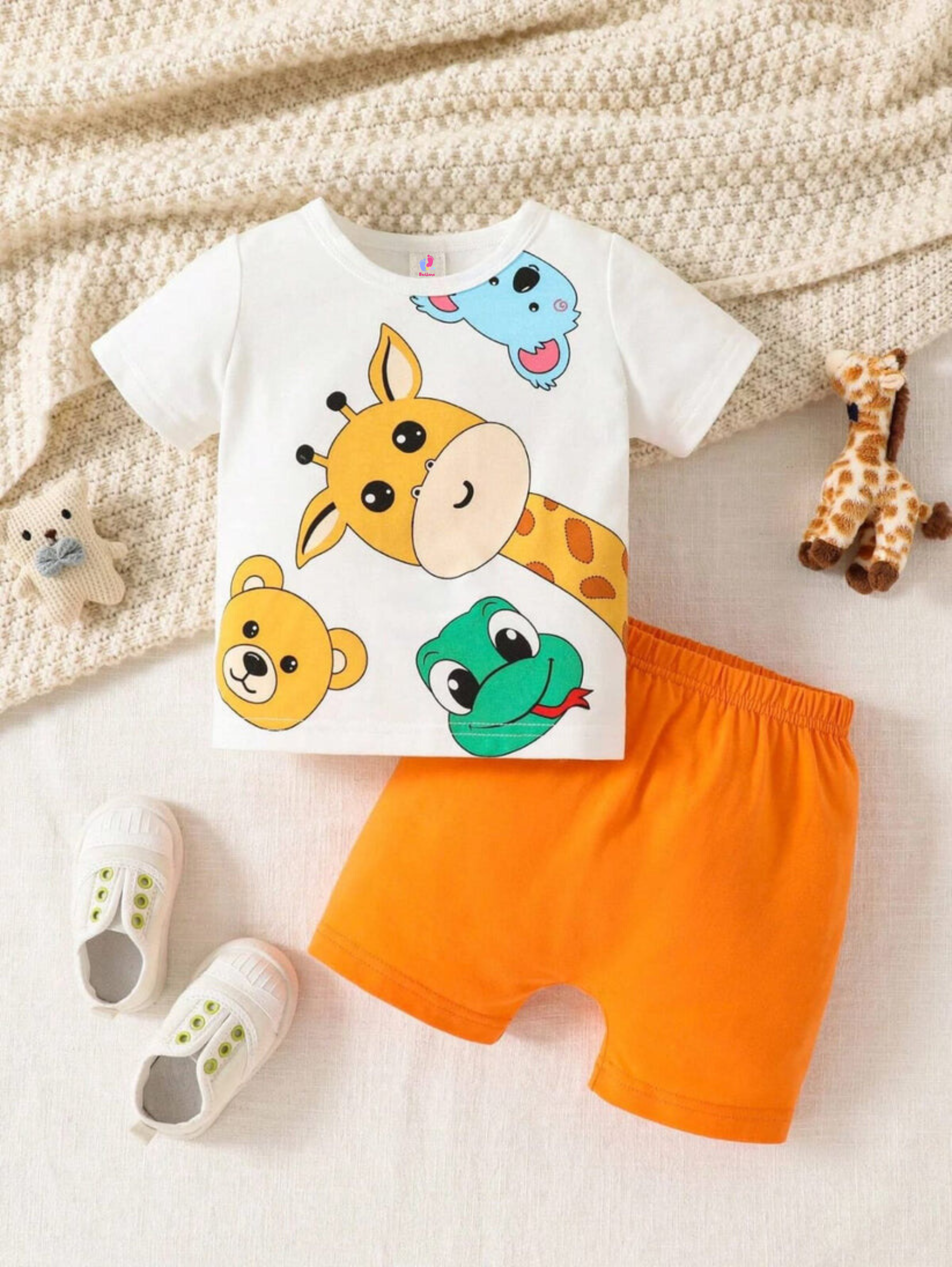 White & Orange Animals Printed Short Sleeve Kids Wear