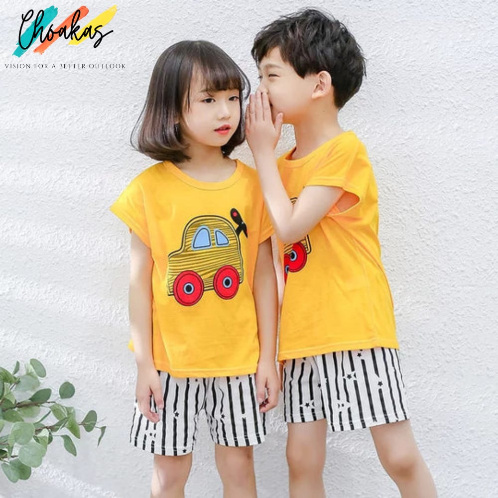 Yellow Car Printed Half Sleeves Kids Wear - choakas