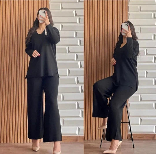 Black Winter V Neck Style 2 Pcs Winter Outfit ch-005